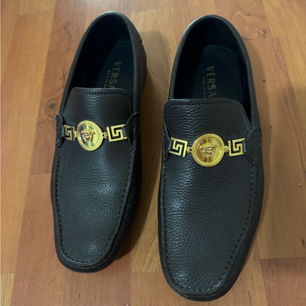 Versace Black Loafers with Gold Emblem